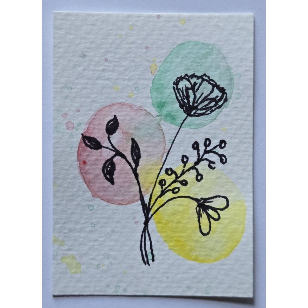 ACEO Original Art Abstract Floral Watercolor and Ink